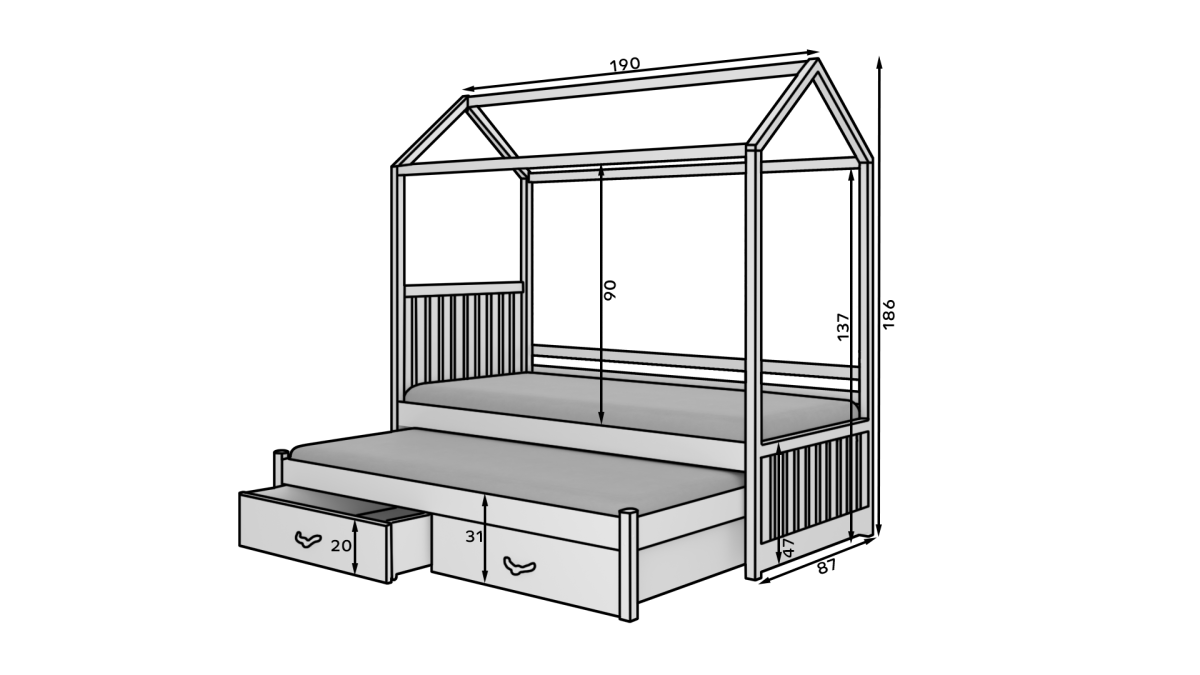 Dvoulůžková dětská postel Jonaszek se dvěma úložnými prostory a matrací