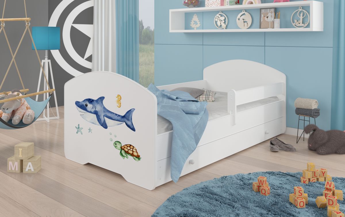 ADRK Postel s matrací, zábranou a zásuvkou PEPE - Mořský svět - 160x80cm