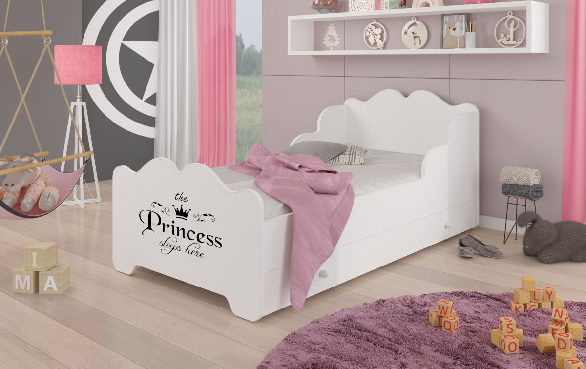 ADRK Postel s matrací a zásuvkou XIMENA - Princezna nápis - 70x140cm