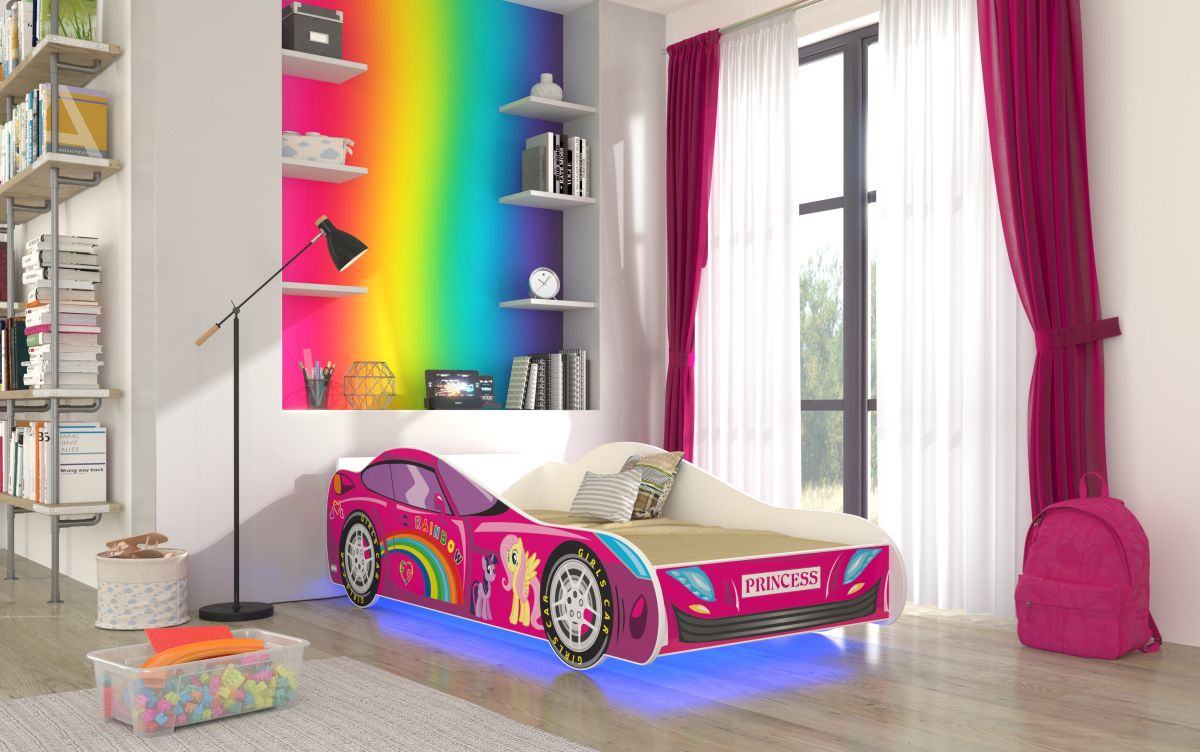 ADRK Postel s matrací a LED osvětlením Auto - Růžová - 70x140cm