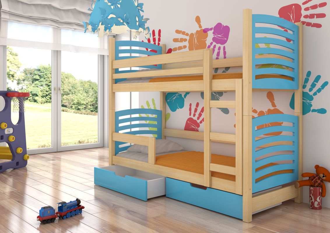 ADRK Patrová postel s matracemi OSUNA - Přírodní / Modrá - 75x180cm