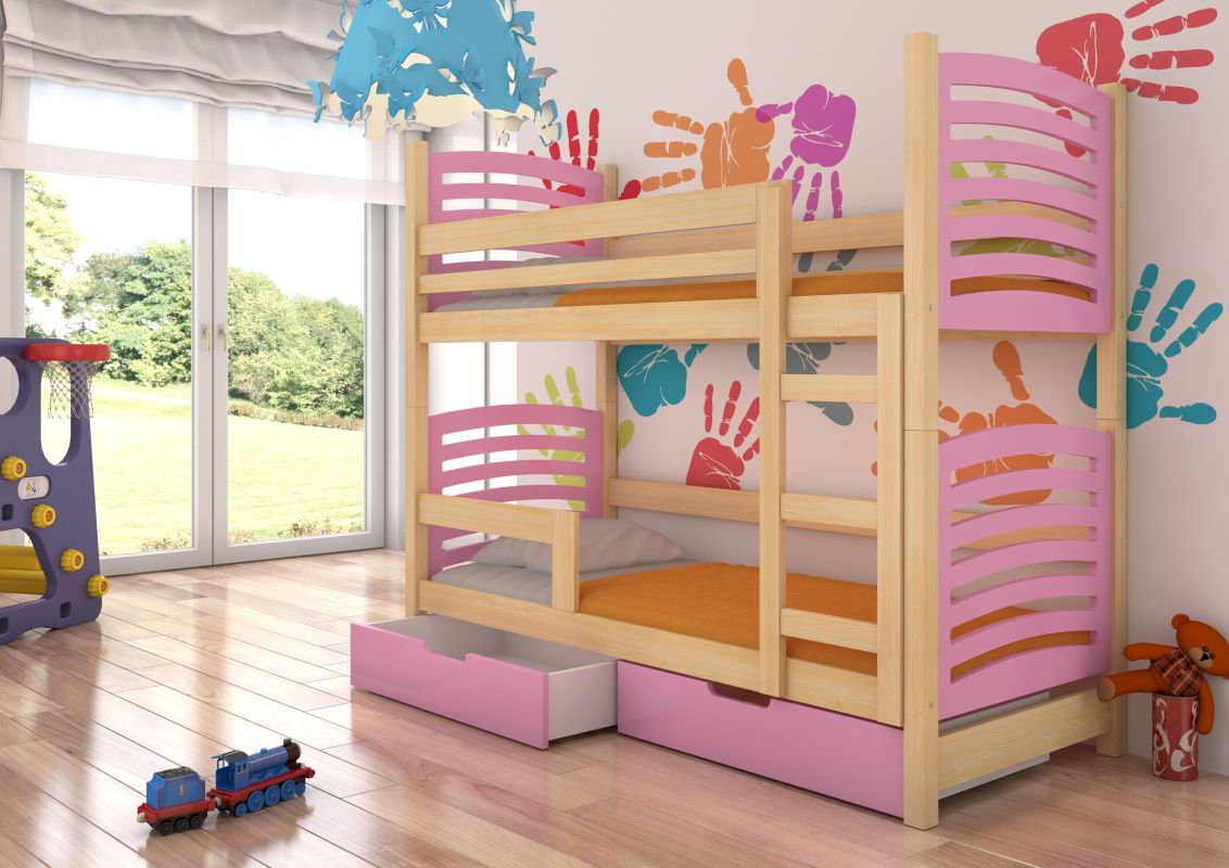 ADRK Patrová postel s matracemi OSUNA - Přírodní / Růžová - 75x180cm