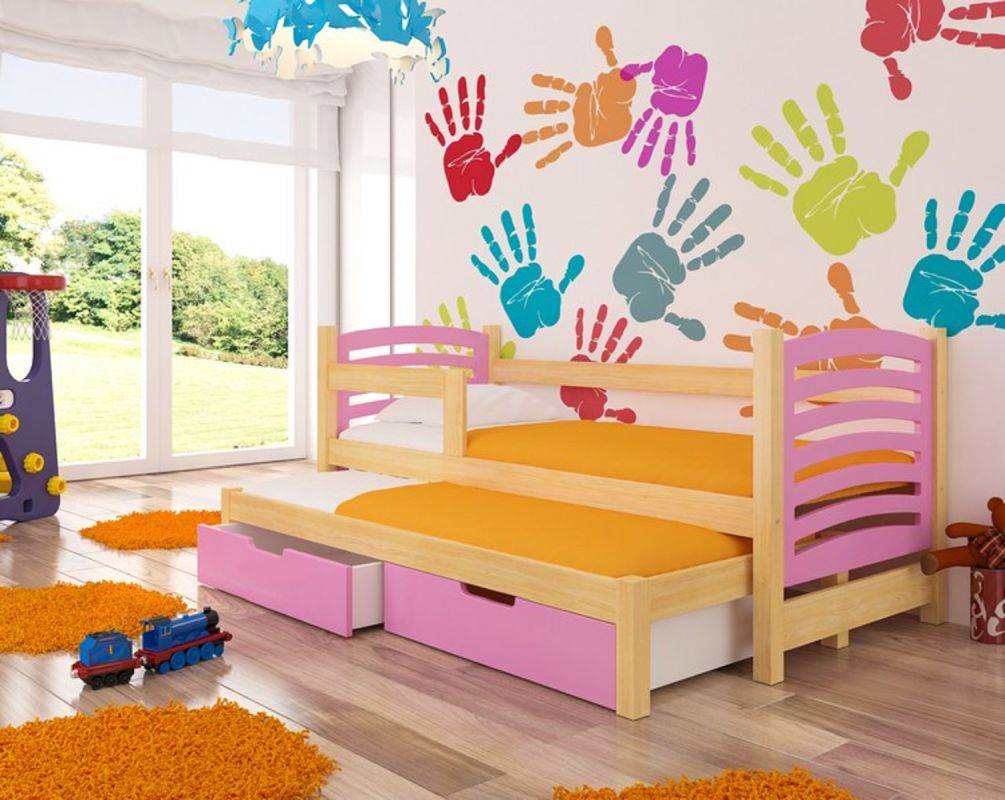 ADRK Dětská postel dvoulůžko s matracemi AVILA - Přírodní / Růžová - 75x180cm