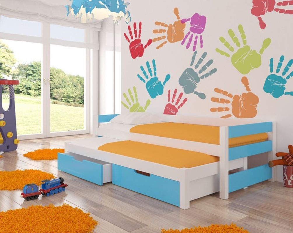 ADRK Dětská postel dvoulůžko s matracemi FRAGA - Bílá / Modrá - 90x200cm