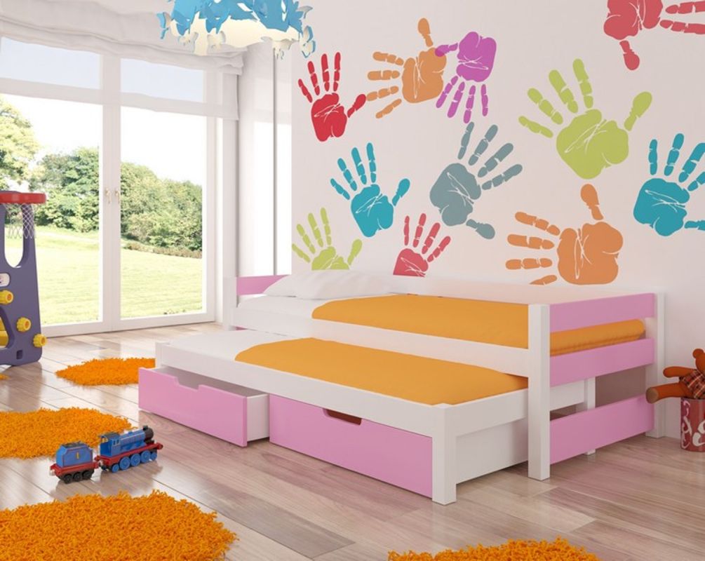 ADRK Dětská postel dvoulůžko s matracemi FRAGA - Bílá / Růžová - 90x200cm