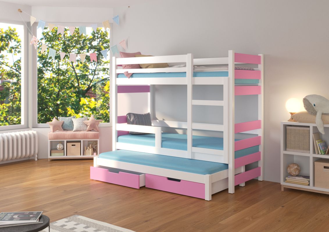 ADRK Patrová postel s matracemi KARLO - Bílá / Růžová - 75x180cm