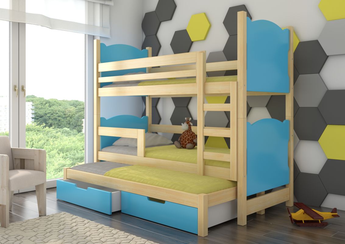 ADRK Patrová postel s matracemi LETICIA - Přírodní / Modrá - 75x180cm