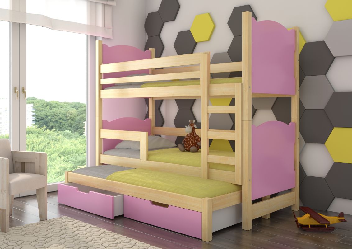 ADRK Patrová postel s matracemi LETICIA - Přírodní / Růžová - 75x180cm