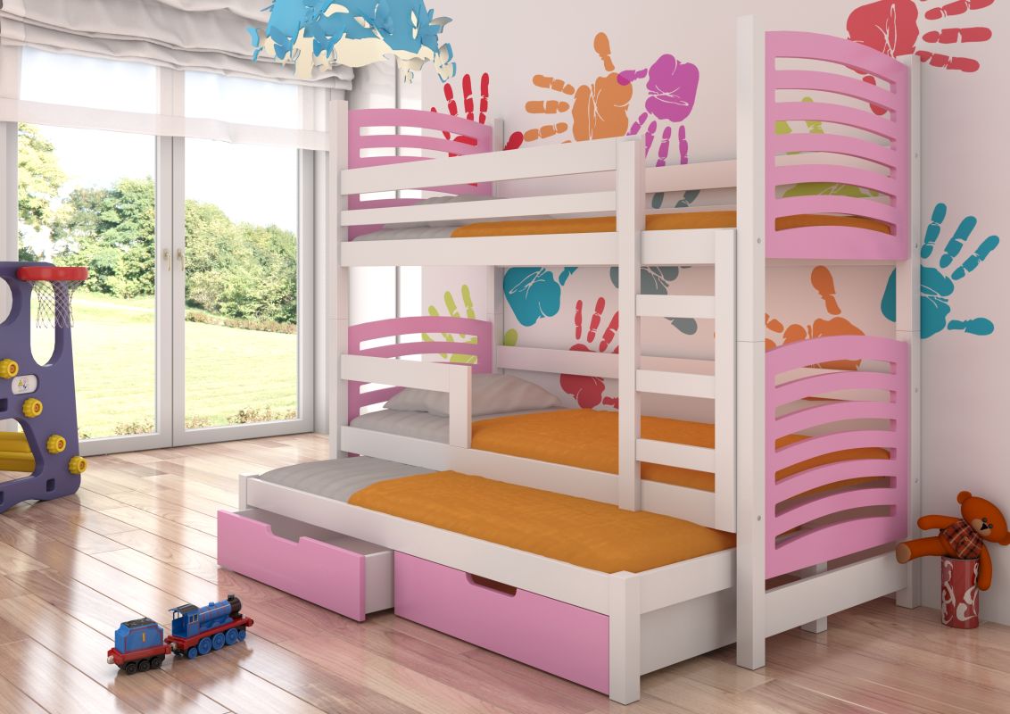 ADRK Patrová postel s matracemi SORIA - Bílá / Růžová - 75x180cm