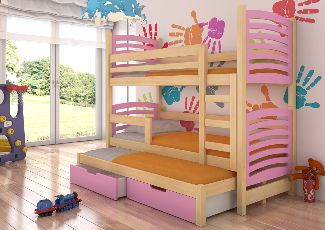 ADRK Patrová postel s matracemi SORIA - Přírodní / Růžová - 75x180cm