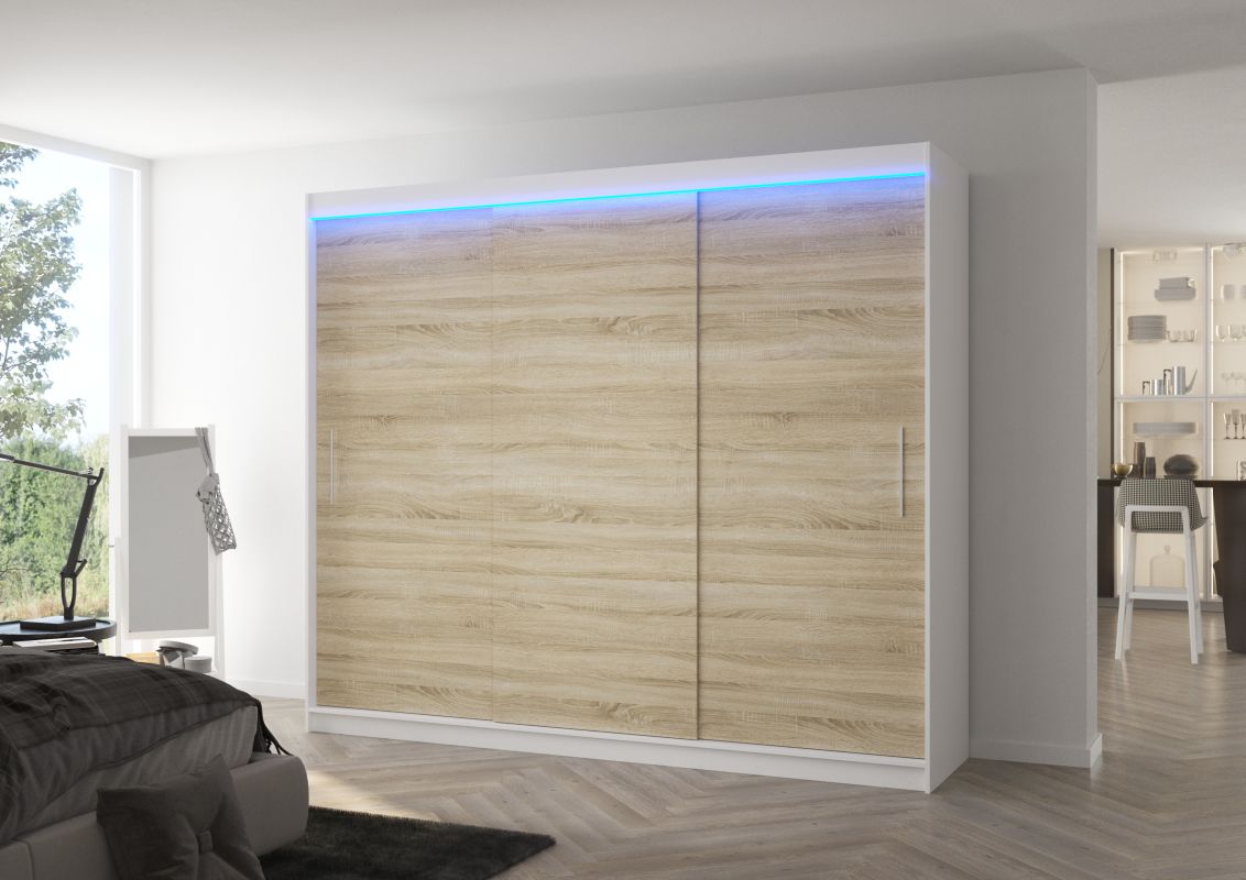 ADRK Posuvná skříň s LED osvětlením ANTOS - Bílá / Dub Sonoma - šířka 250cm