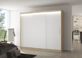 Posuvná skříň s LED osvětlením ANTOS - Dub Sonoma / Bílá - šířka 250cm