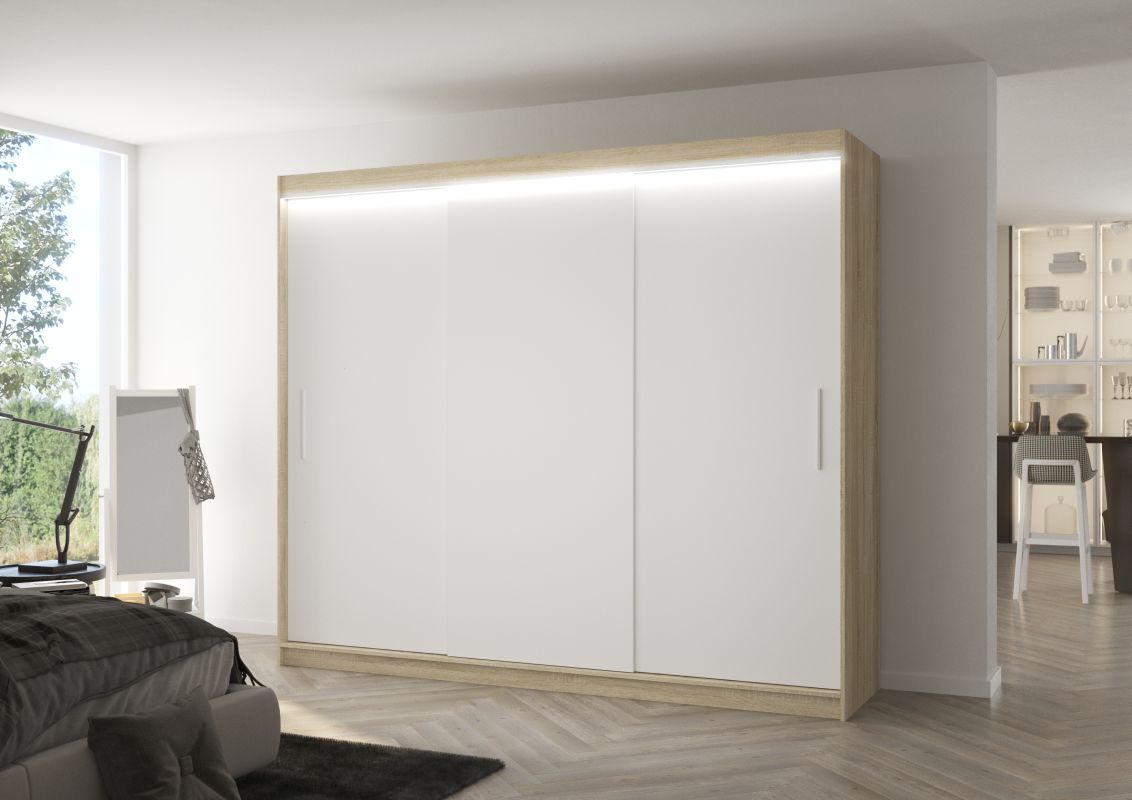 ADRK Posuvná skříň s LED osvětlením ANTOS - Dub Sonoma / Bílá - šířka 250cm