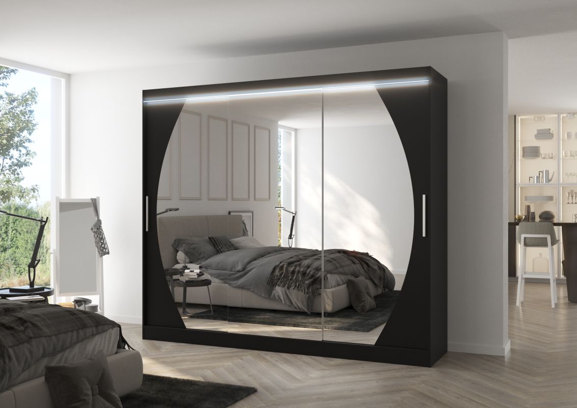Posuvná skříň se zrcadlem a LED osvětlením CAMBE - Černá - šířka 250cm ADRK