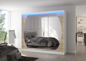 Posuvná skříň se zrcadlem a LED osvětlením CAMBE - Bílá / Dub Sonoma - šířka 250cm
