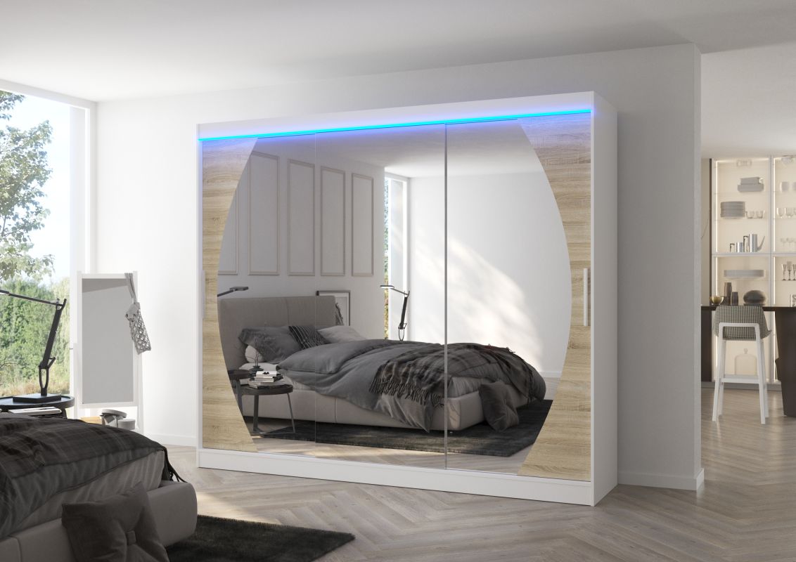 Posuvná skříň se zrcadlem a LED osvětlením CAMBE - Bílá / Dub Sonoma - šířka 250cm ADRK