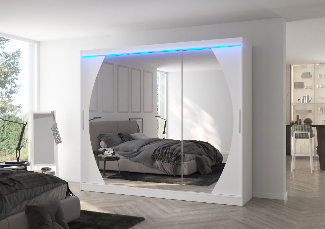 Posuvná skříň se zrcadlem a LED osvětlením CAMBE - Bílá - šířka 250cm ADRK