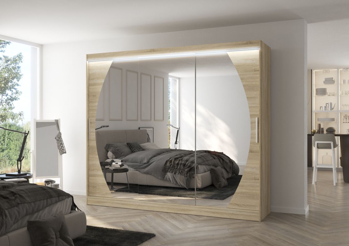 ADRK Posuvná skříň se zrcadlem a LED osvětlením CAMBE - Dub Sonoma - šířka 250cm