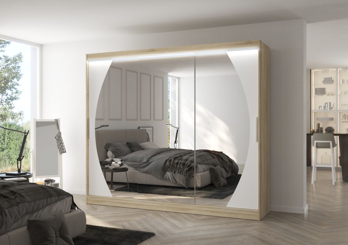 ADRK Posuvná skříň se zrcadlem a LED osvětlením CAMBE - Dub Sonoma / Bílá - šířka 250cm