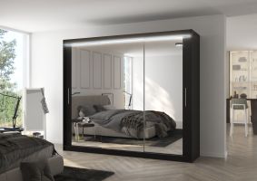 Posuvná skříň se zrcadlem a LED osvětlením CHESTER - Černá - šířka 250cm
