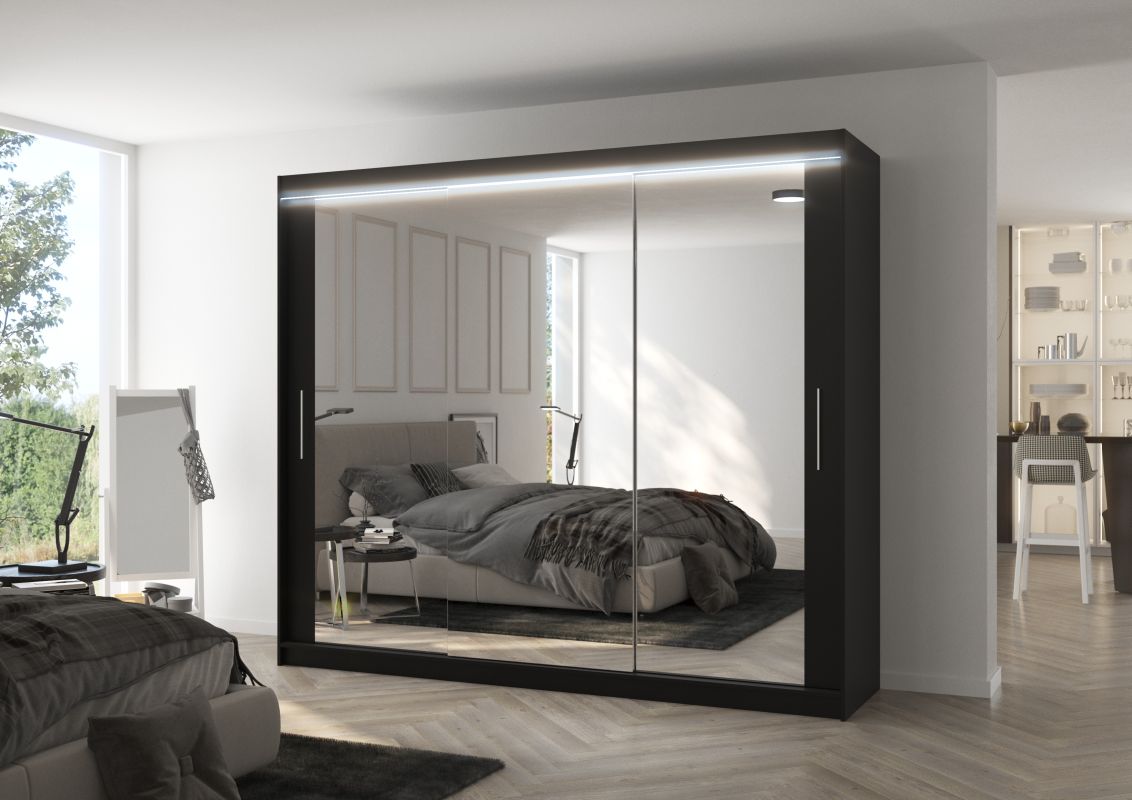 ADRK Posuvná skříň se zrcadlem a LED osvětlením CHESTER - Černá - šířka 250cm