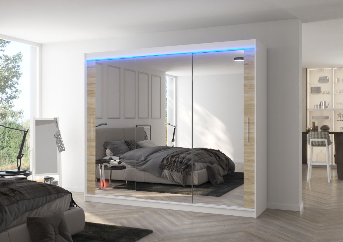 ADRK Posuvná skříň se zrcadlem a LED osvětlením CHESTER - Bílá / Dub Sonoma - šířka 250cm