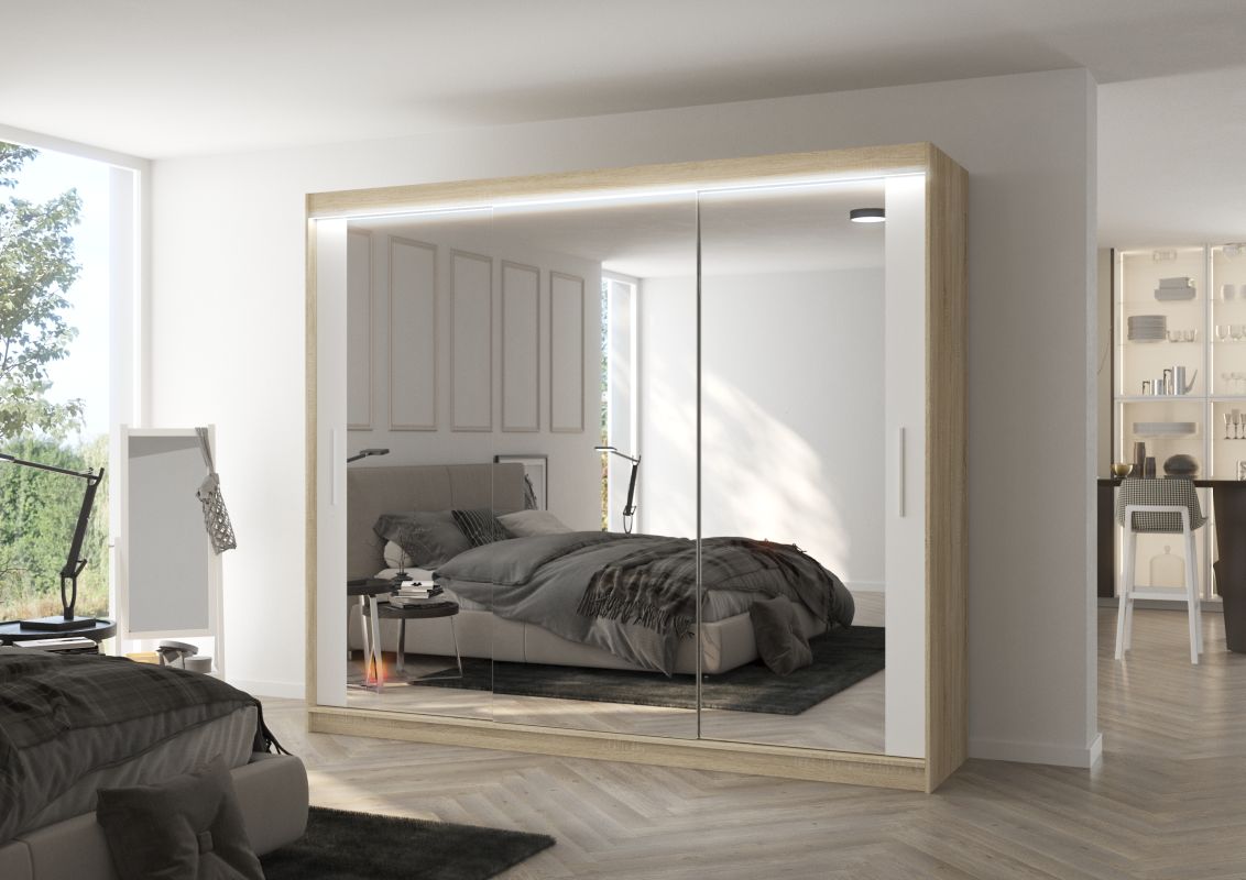 ADRK Posuvná skříň se zrcadlem a LED osvětlením CHESTER - Dub Sonoma / Bílá - šířka 250cm
