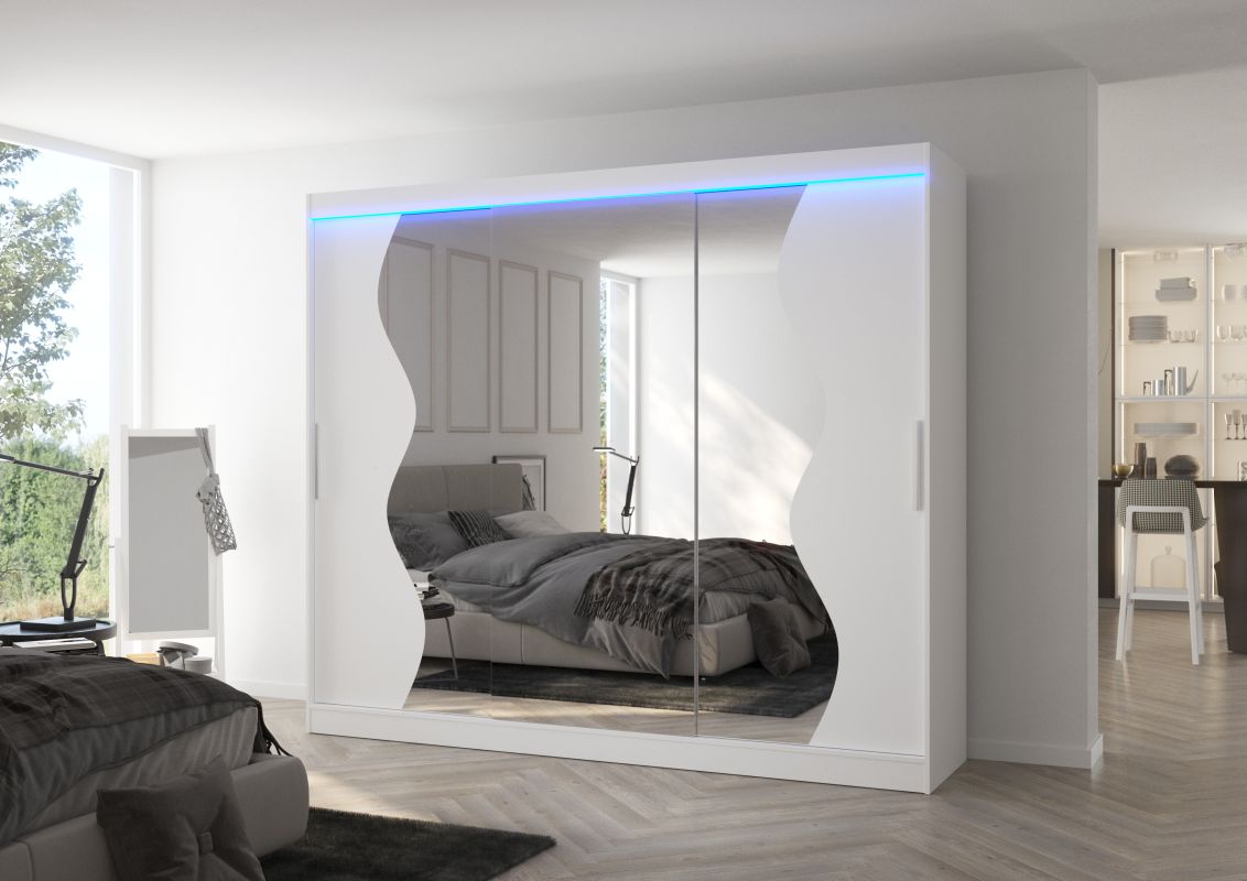 ADRK Posuvná skříň se zrcadlem a LED osvětlením SHARON - Bílá - šířka 250cm