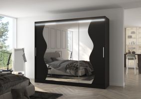 Posuvná skříň se zrcadlem a LED osvětlením SHARON - Černá - šířka 250cm ADRK