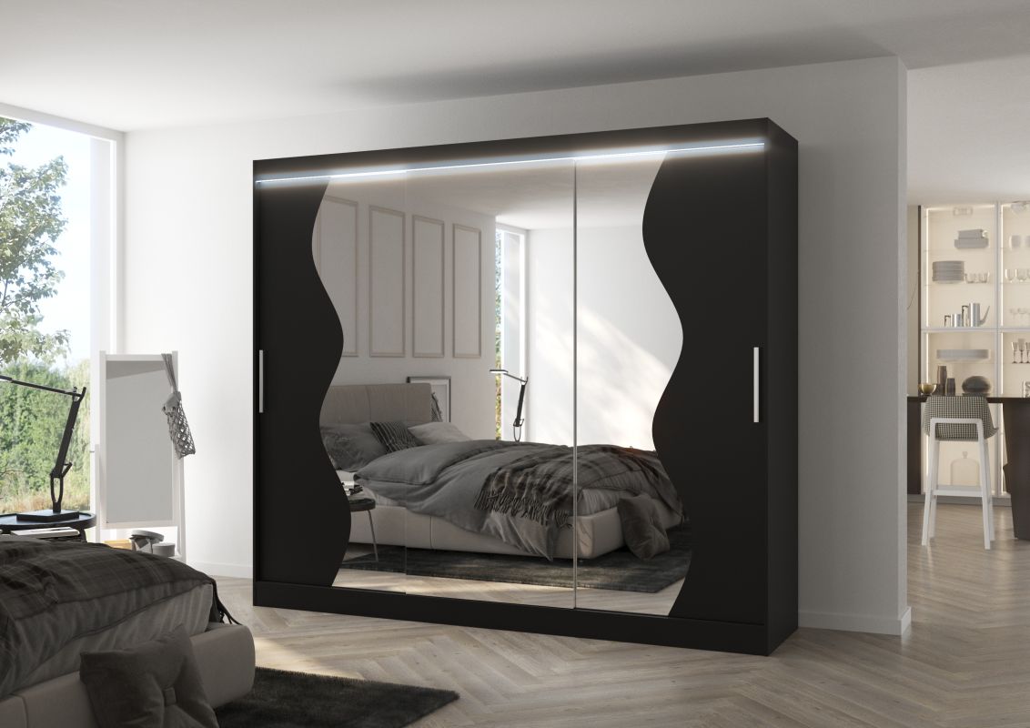 ADRK Posuvná skříň se zrcadlem a LED osvětlením SHARON - Černá - šířka 250cm