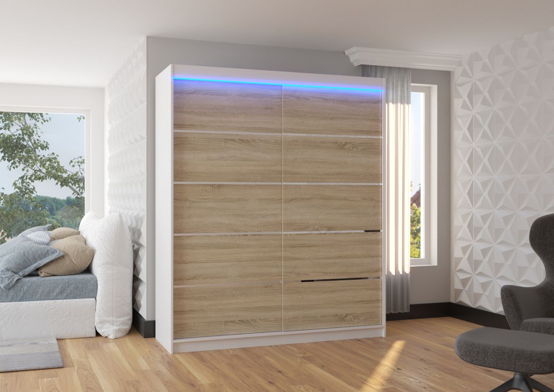 ADRK Posuvná skříň s LED osvětlením SPECTRA - Bílá / Sonoma - šířka 180cm
