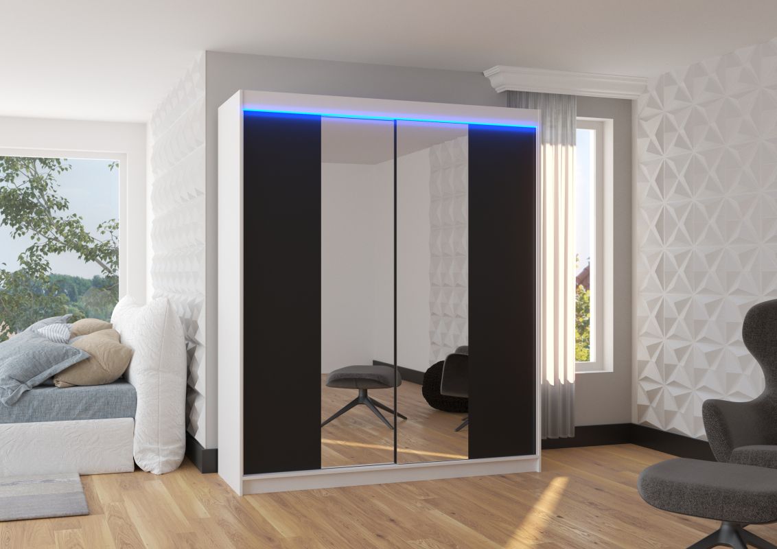 ADRK Posuvná skříň se zrcadlem a LED osvětlením BALANCE - Bílá / Černá - šířka 180cm