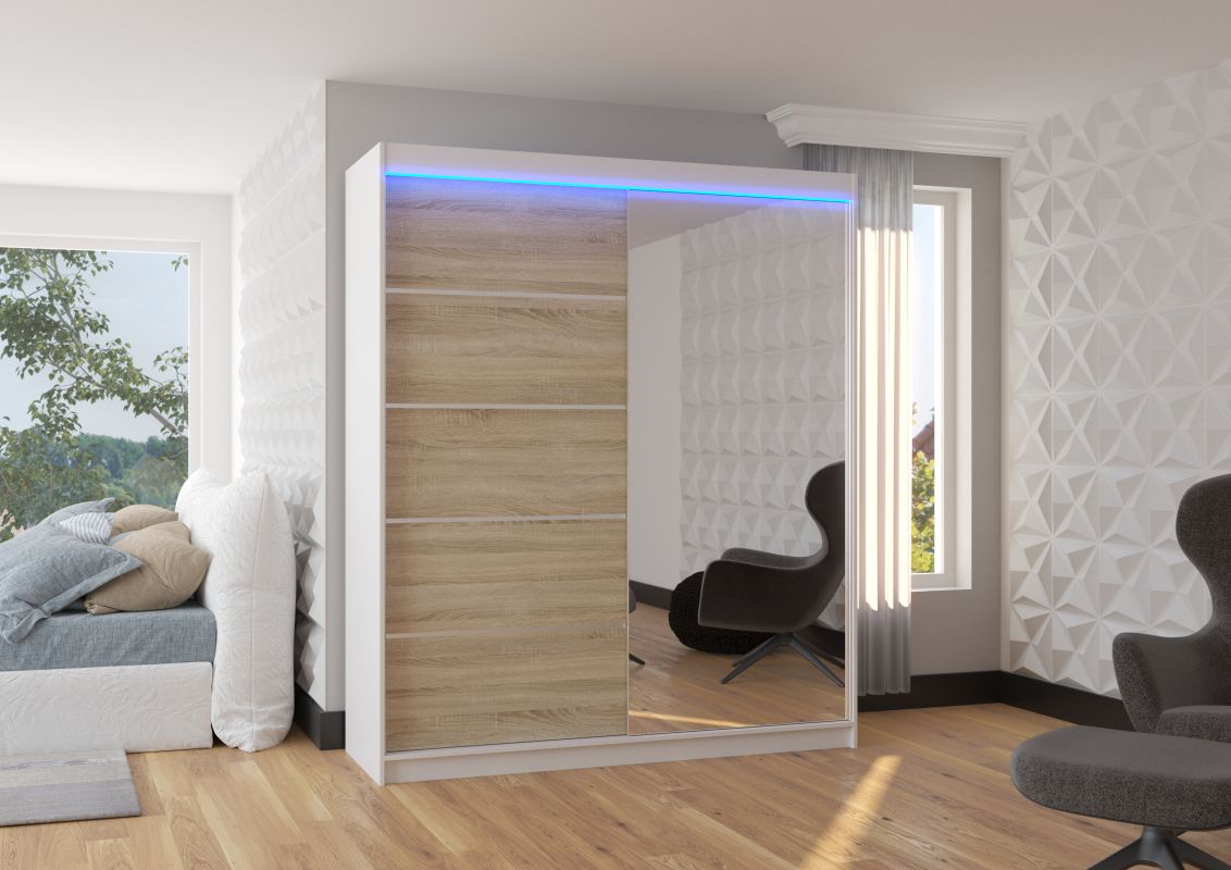 ADRK Posuvná skříň se zrcadlem a LED osvětlením CARO - Bílá / Dub Sonoma - šířka 180cm