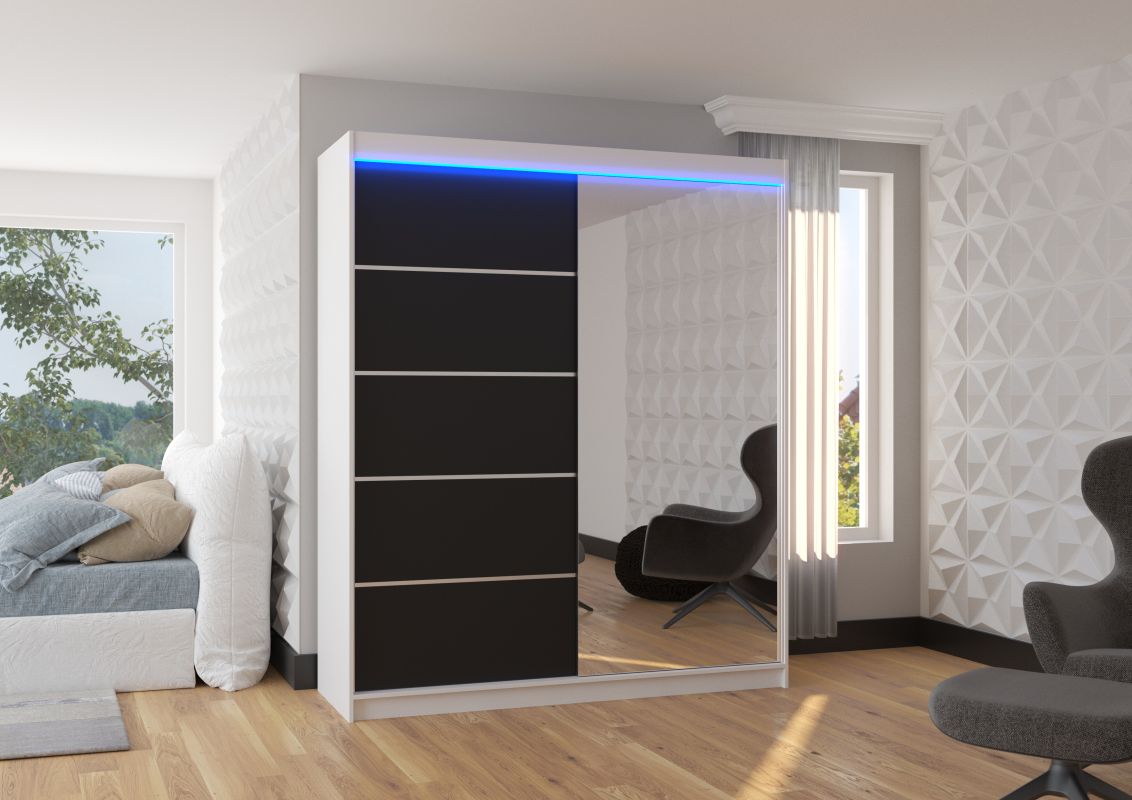 ADRK Posuvná skříň se zrcadlem a LED osvětlením CARO - Bílá / Černá - šířka 180cm