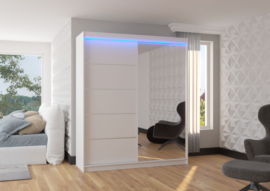 ADRK Posuvná skříň se zrcadlem a LED osvětlením CARO - Bílá - šířka 180cm