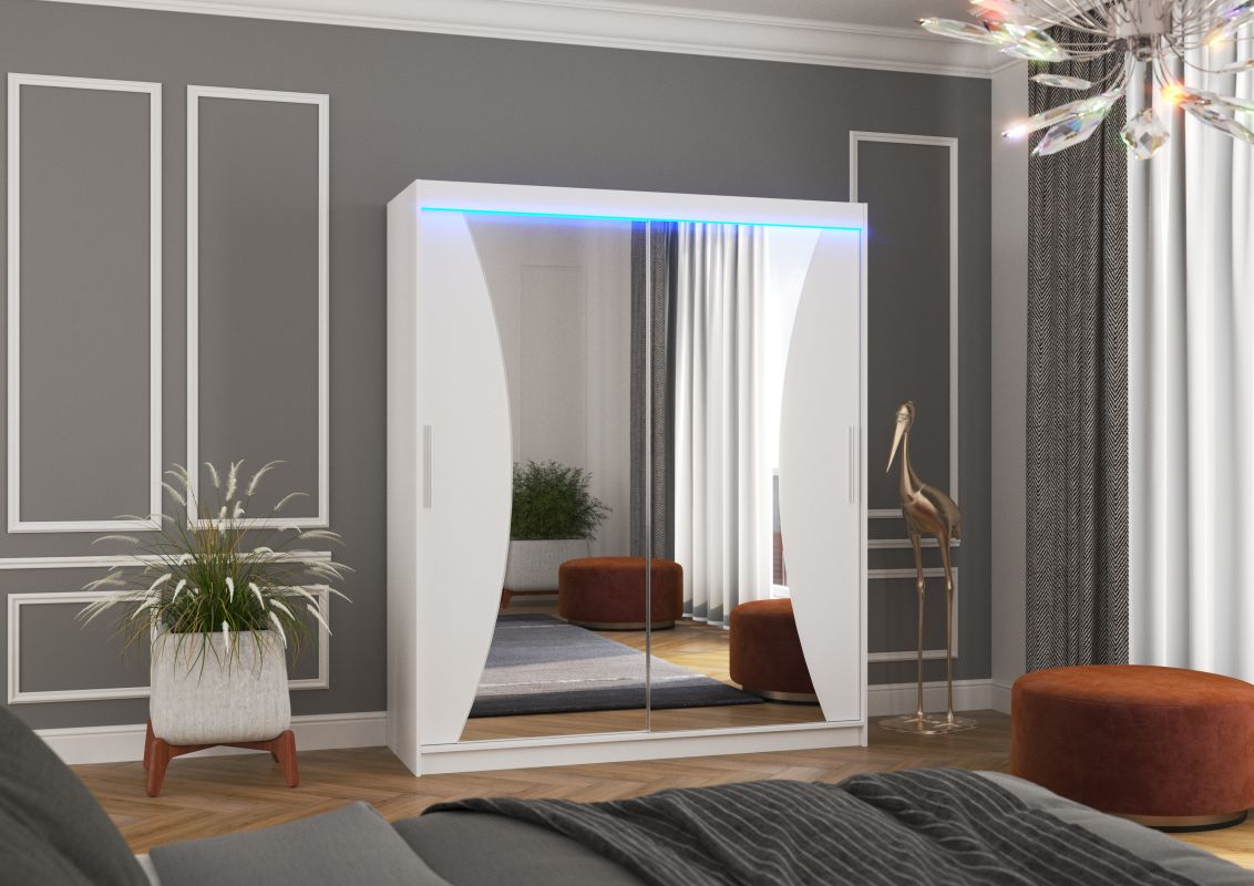 ADRK Posuvná skříň se zrcadlem a LED osvětlením CHARLOTTE - Bílá - šířka 180cm
