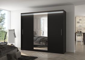 Posuvná skříň se zrcadlem a LED osvětlením DENIS - Černá - šířka 250cm
