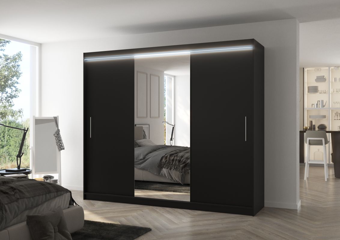 Posuvná skříň se zrcadlem a LED osvětlením DENIS - Černá - šířka 250cm ADRK