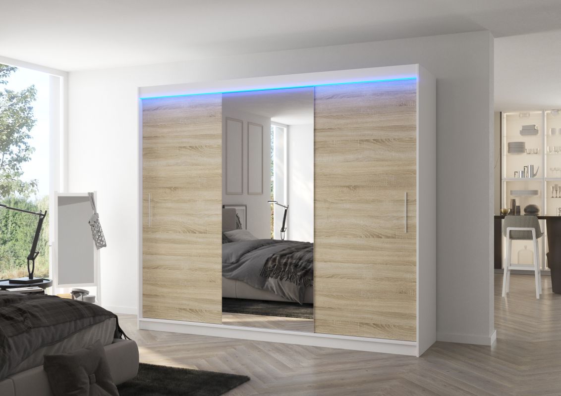 Posuvná skříň se zrcadlem a LED osvětlením DENIS - Bílá / Dub Sonoma - šířka 250cm ADRK