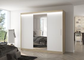 Posuvná skříň se zrcadlem a LED osvětlením DENIS - Dub Sonoma / Bílá - šířka 250cm