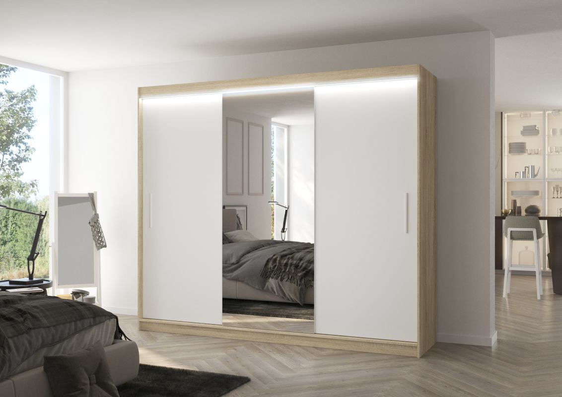 ADRK Posuvná skříň se zrcadlem a LED osvětlením DENIS - Dub Sonoma / Bílá - šířka 250cm