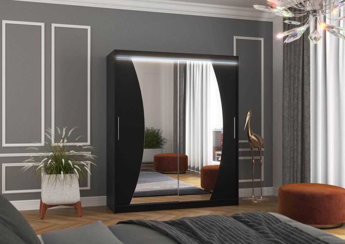 ADRK Posuvná skříň se zrcadlem a LED osvětlením DOLORES - Černá - šířka 180cm