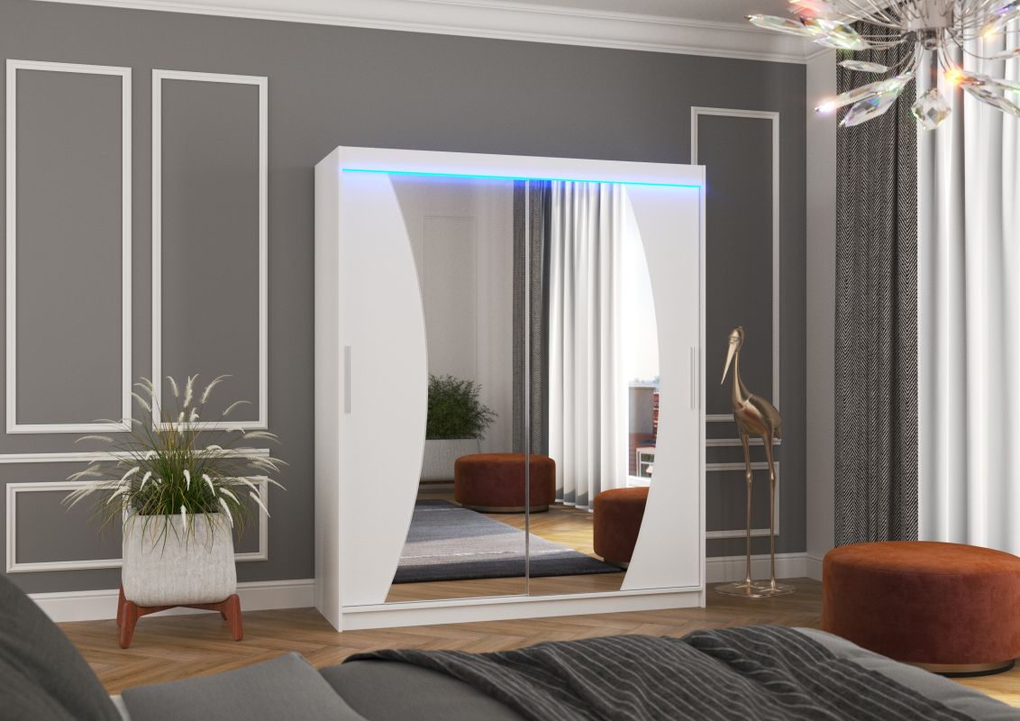 ADRK Posuvná skříň se zrcadlem a LED osvětlením DOLORES - Bílá - šířka 180cm