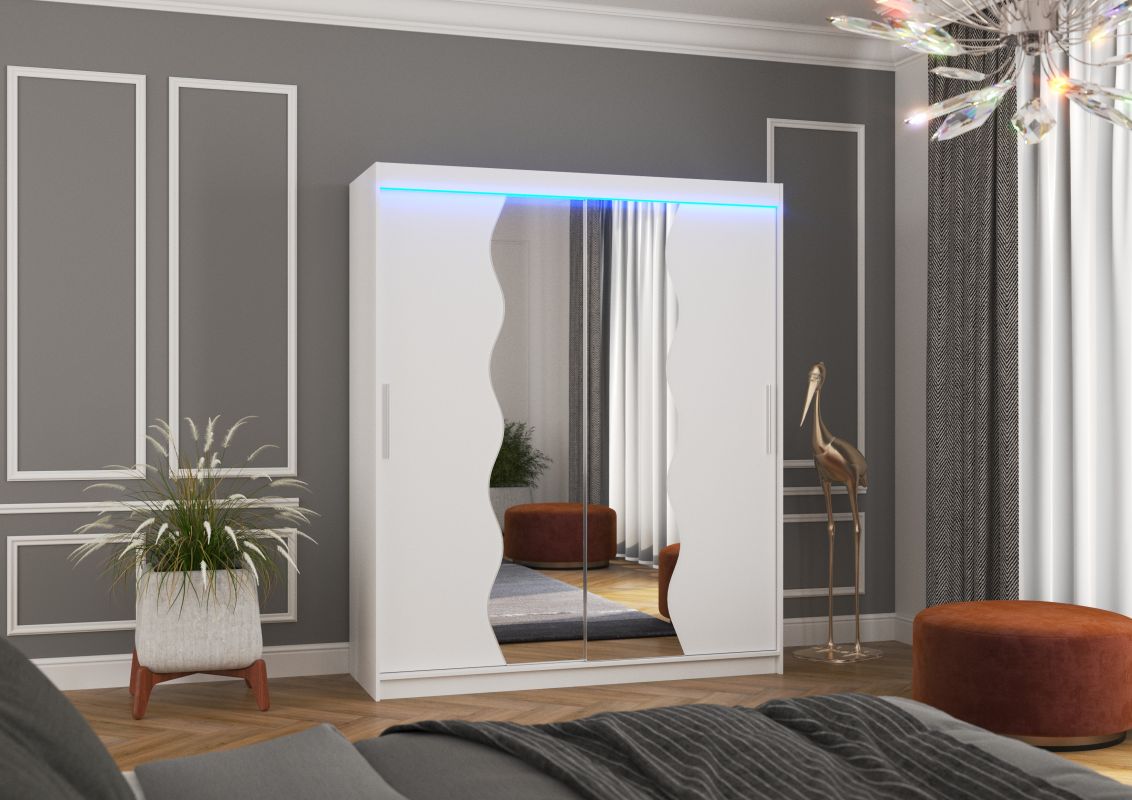 ADRK Posuvná skříň se zrcadlem a LED osvětlením KANSAS - Bílá - šířka 180cm