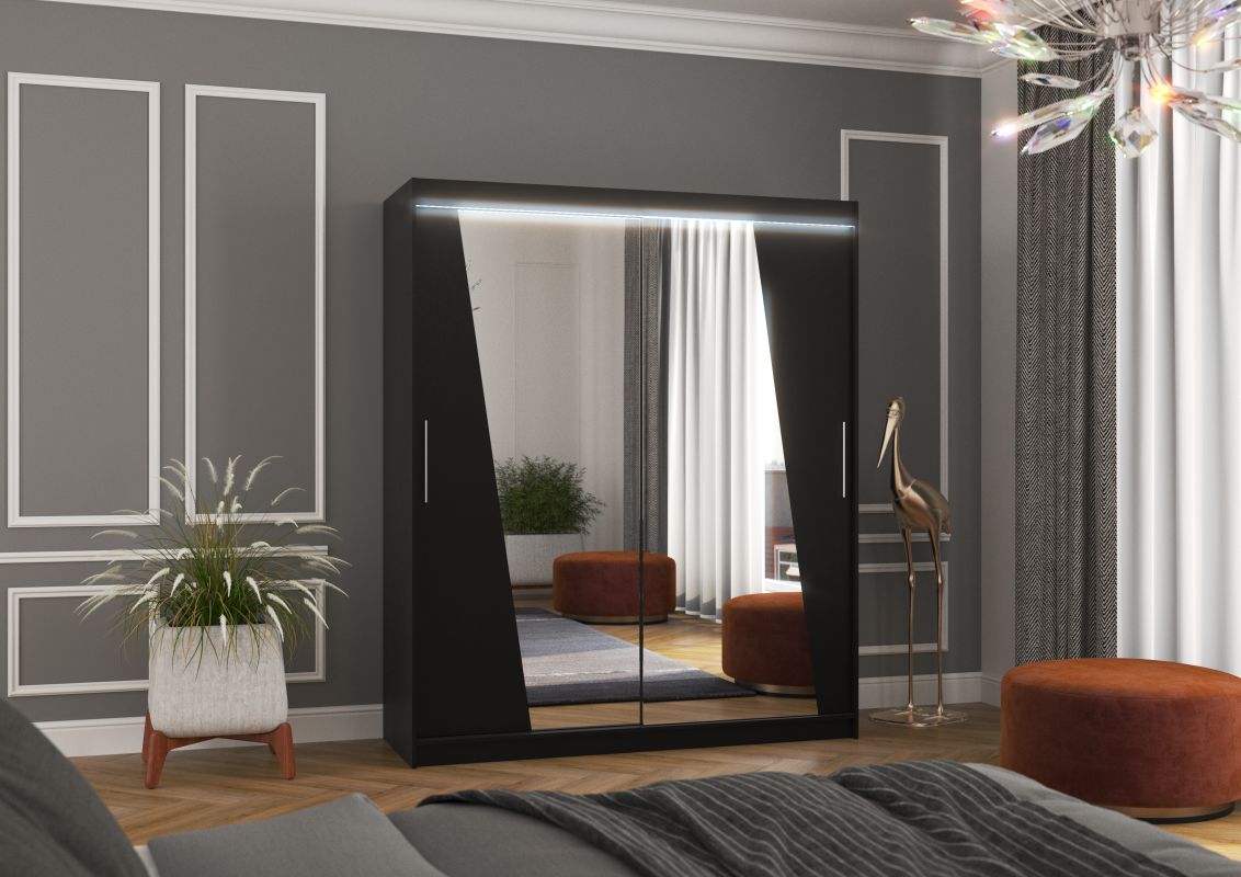 ADRK Posuvná skříň se zrcadlem a LED osvětlením PRETO - Černá - šířka 180cm