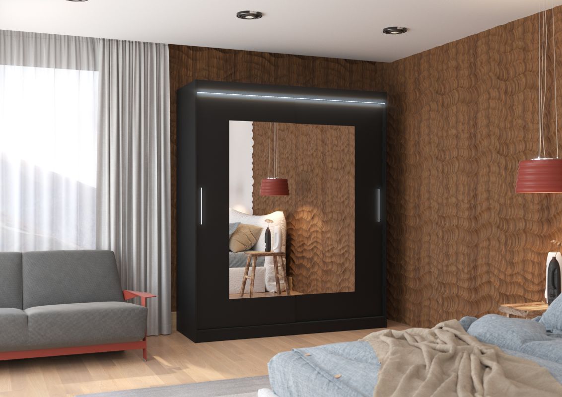 ADRK Posuvná skříň se zrcadlem a LED osvětlením ROSETTE - Černá - šířka 180cm