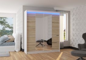 Posuvná skříň se zrcadlem a LED osvětlením TRAVES - Bílá / Dub Sonoma - šířka 180cm ADRK