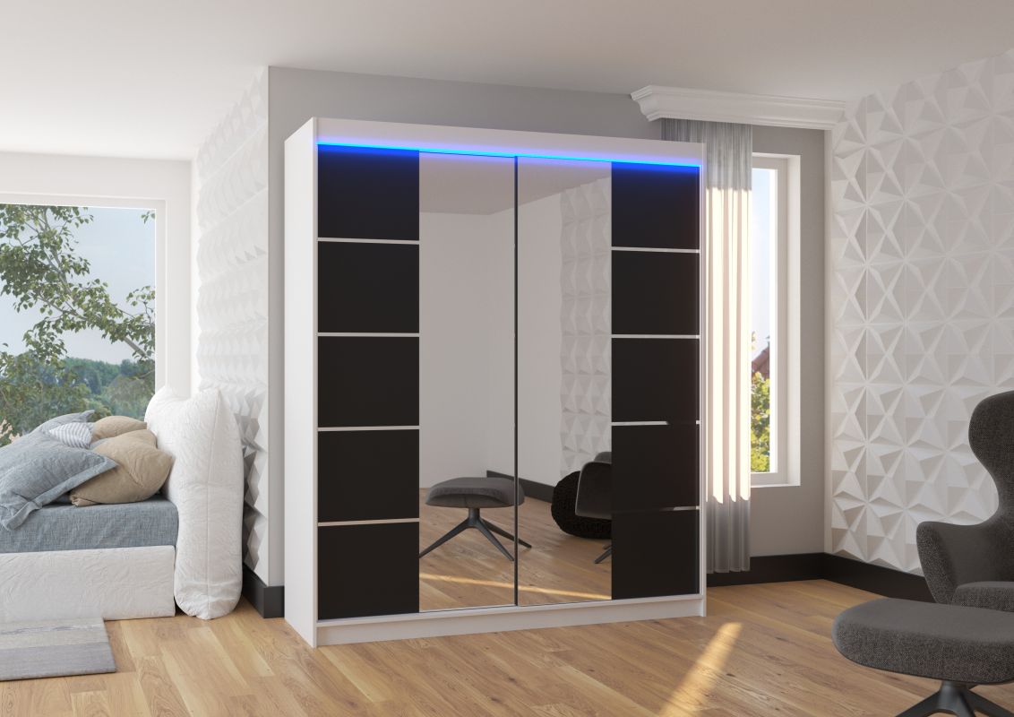 ADRK Posuvná skříň se zrcadlem a LED osvětlením TRAVES - Bílá / Černá - šířka 180cm