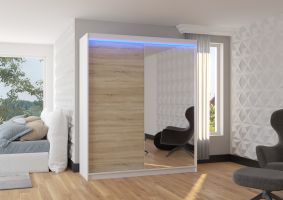 Posuvná skříň se zrcadlem a LED osvětlením VIKI - Bílá / Dub Sonoma - šířka 180cm ADRK