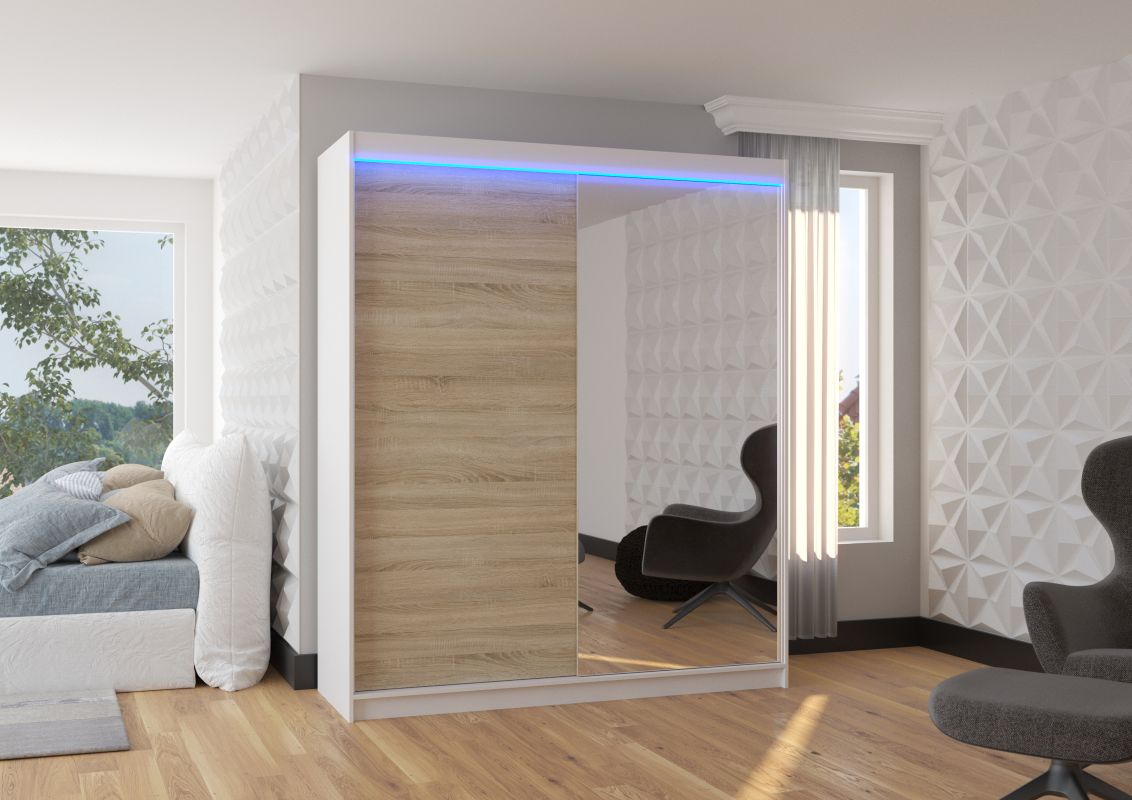 ADRK Posuvná skříň se zrcadlem a LED osvětlením VIKI - Bílá / Dub Sonoma - šířka 180cm